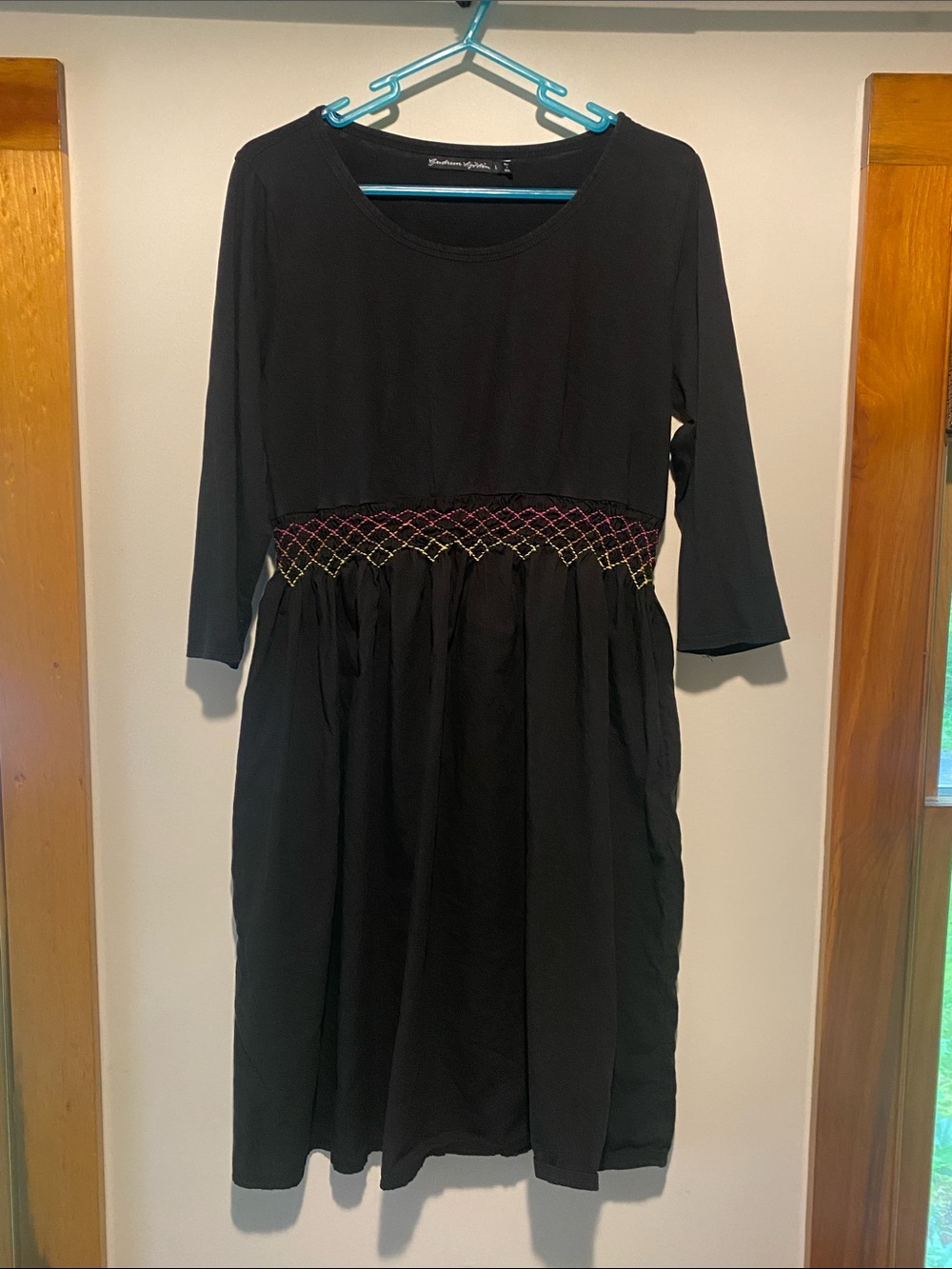 Gudrun Sjoden Black Midi Dress with Multicolor Smocked Waist